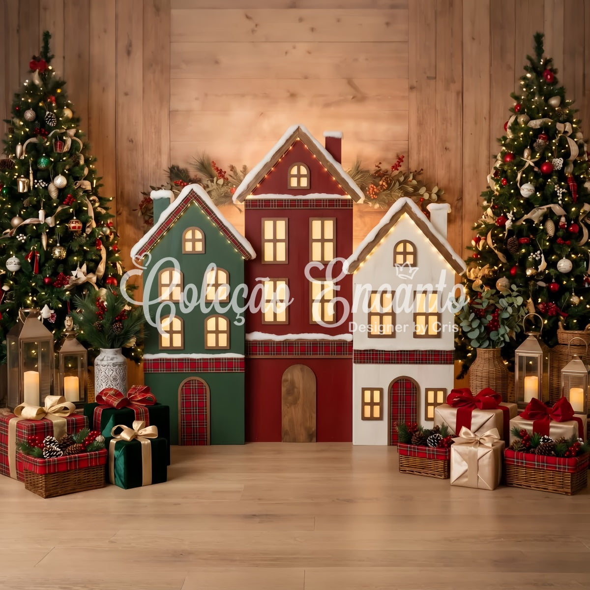 Christmas Ornament Backdrop Plaid Village Houses Glowing Trees Christmas Backdrop For Photos CEM65-191