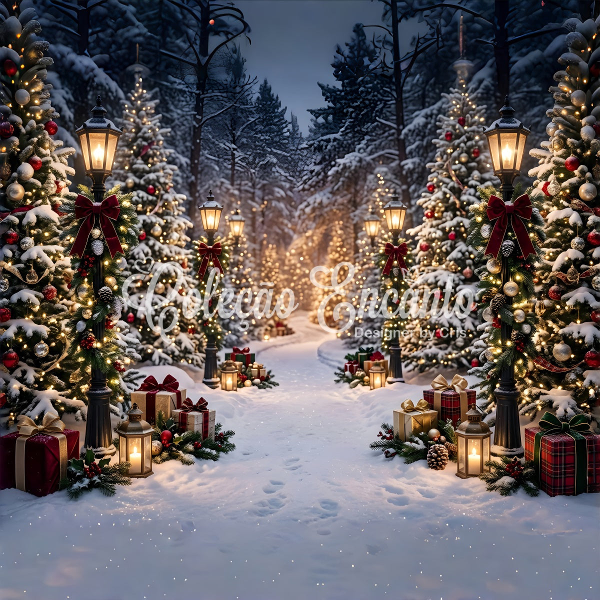 Christmas Backdrop Outdoor Snowy Lantern Forest Gift Path Christmas Photo Backdrops CEM65-193