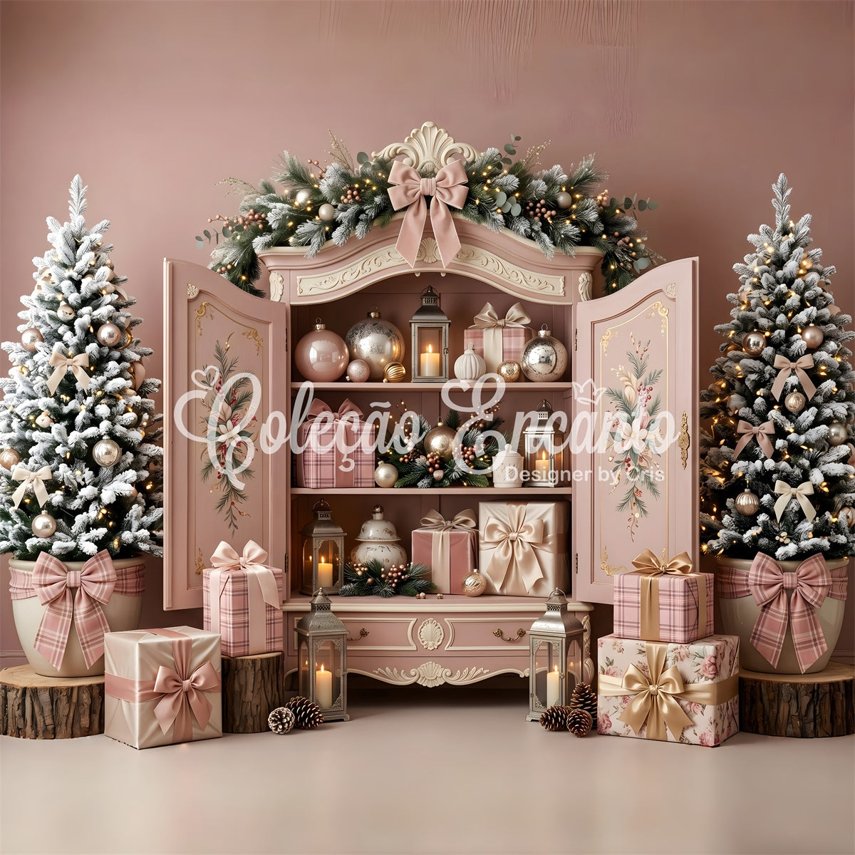 Pink Christmas Backdrop Blush Pink Cabinet Ornament Christmas Backdrops For Photography CEM65-195