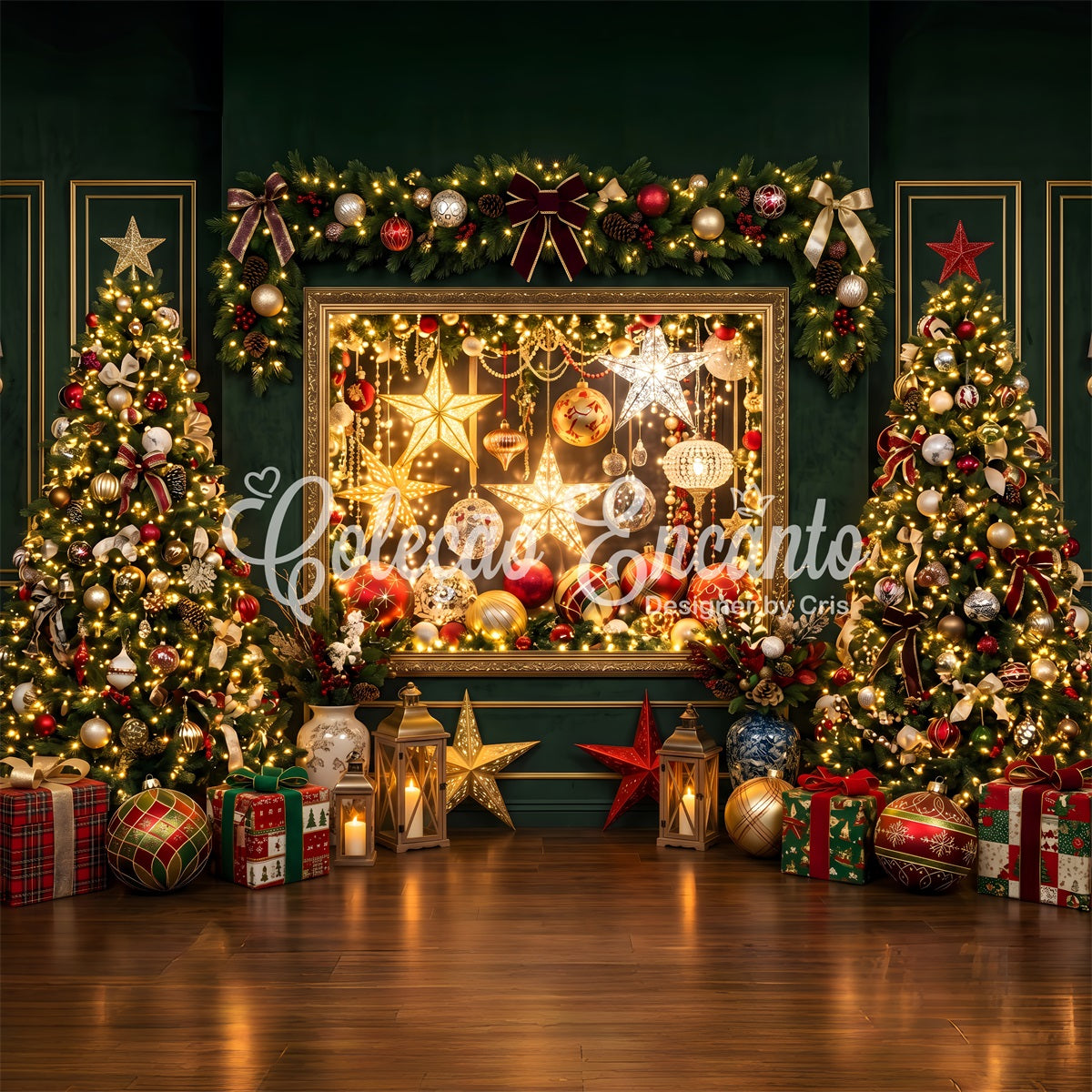 Christmas Lights Backdrop Emerald Ornament Gallery Tree Christmas Photo Booth Backdrop CEM65-202