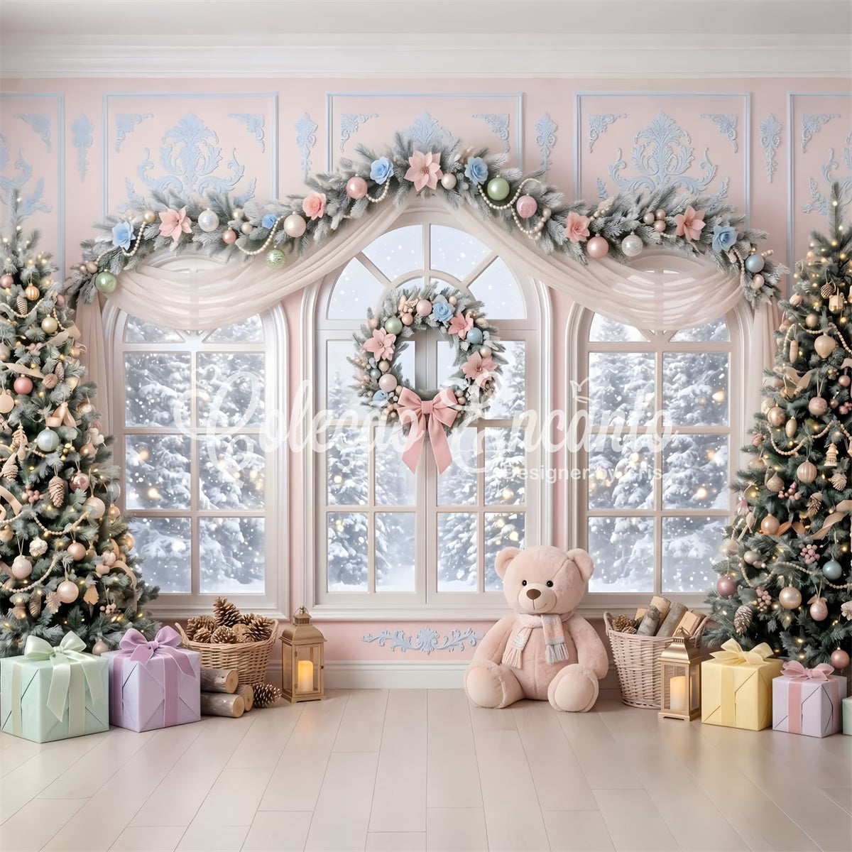 Pink Christmas Backdrop Pastel Floral Window Teddy Christmas Backdrop Design CEM65-204