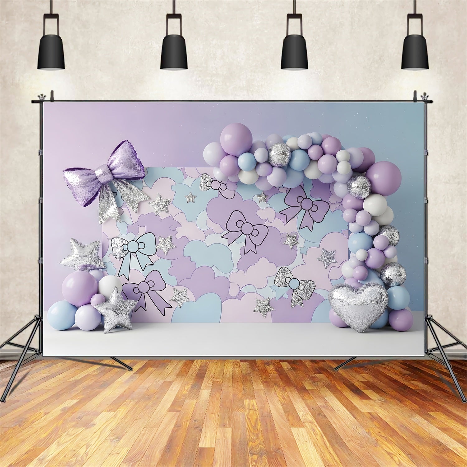 Newborn Photo Backdrops Pastel Bow Cloud Silver Stars Kids Backdrop Photoshoot CEM65-215