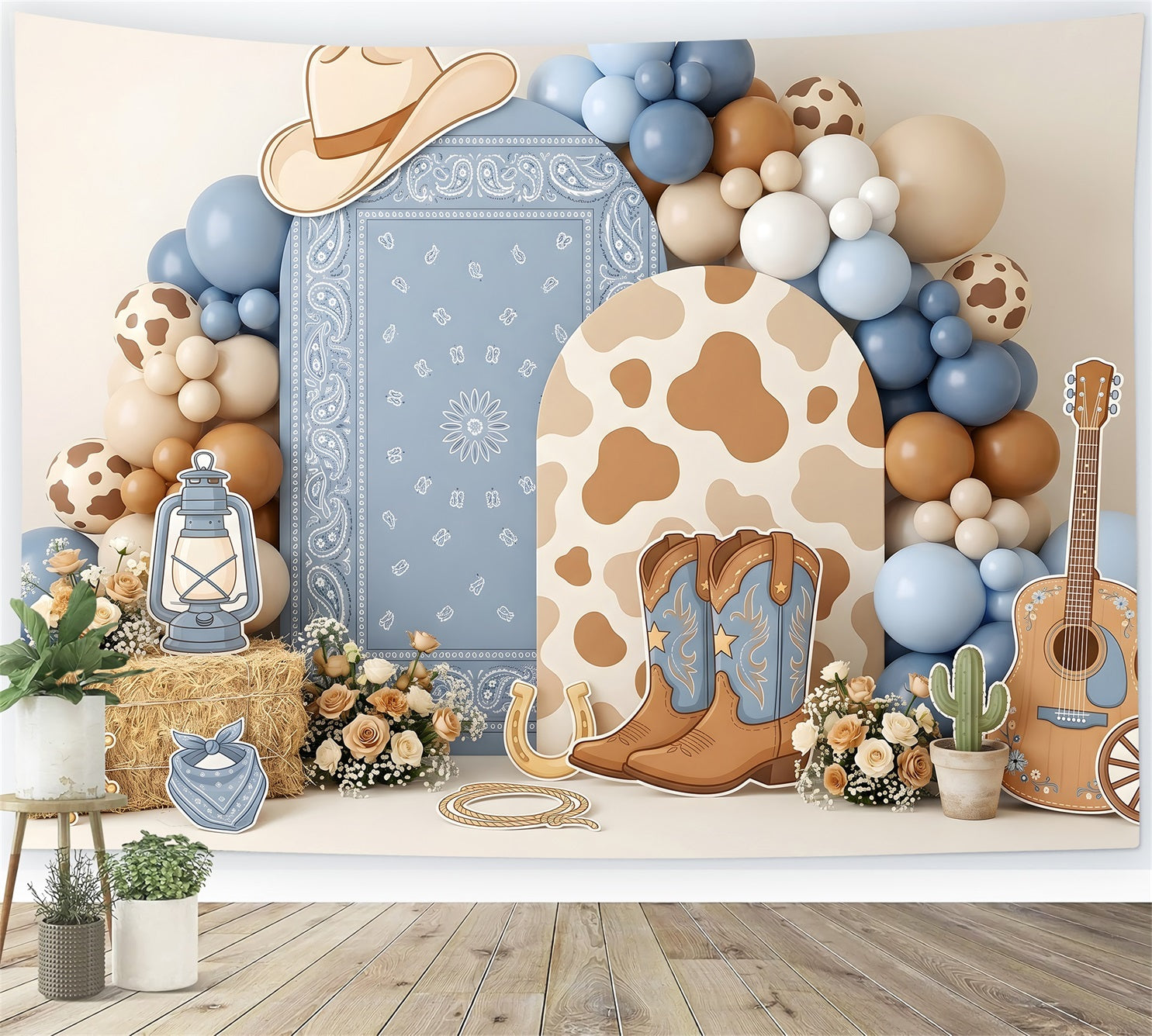 Kids Backdrop Ideas Blue Cowgirl Western Balloon Newborn Photoshoot Backdrop CEM65-24