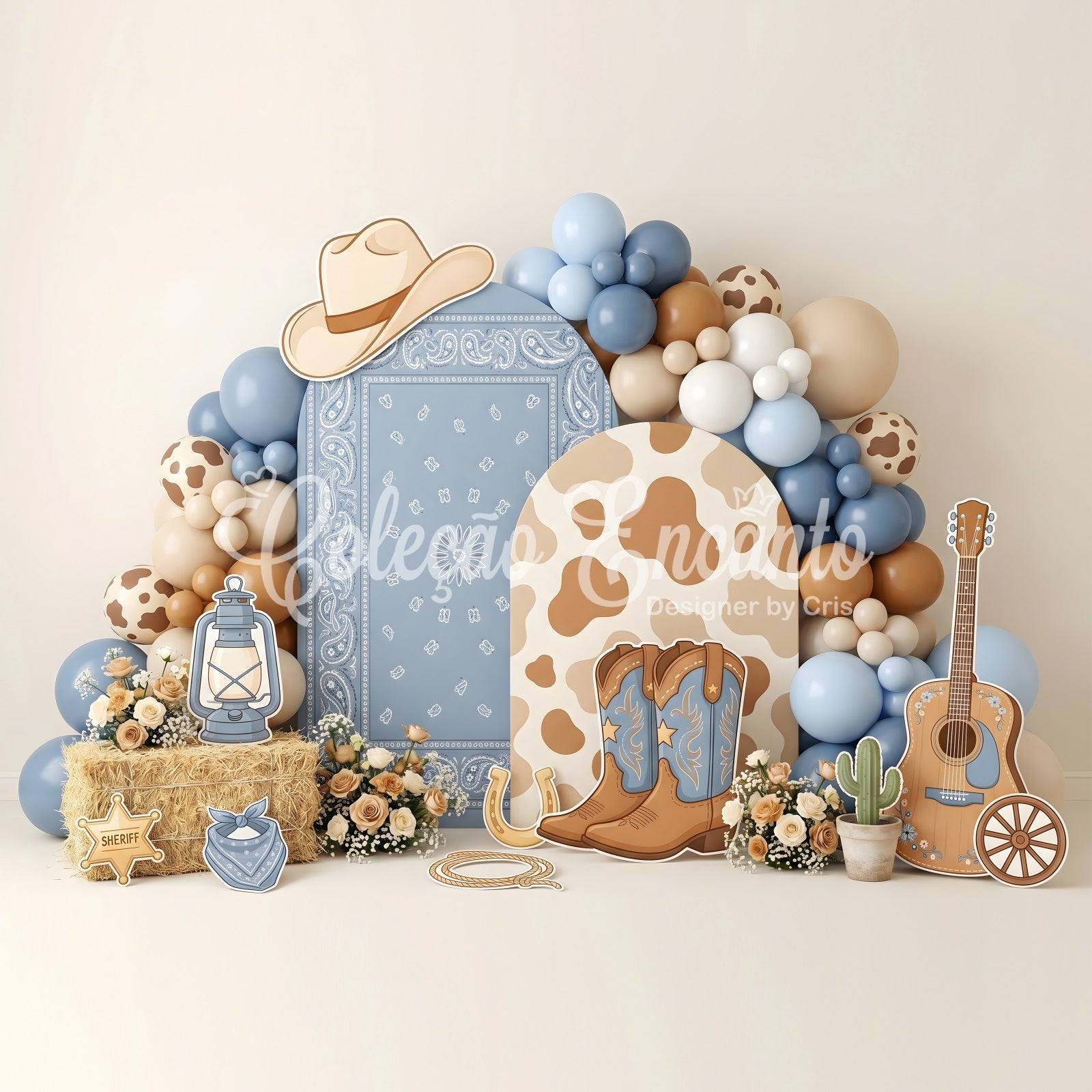 Kids Backdrop Ideas Blue Cowgirl Western Balloon Newborn Photoshoot Backdrop CEM65-24
