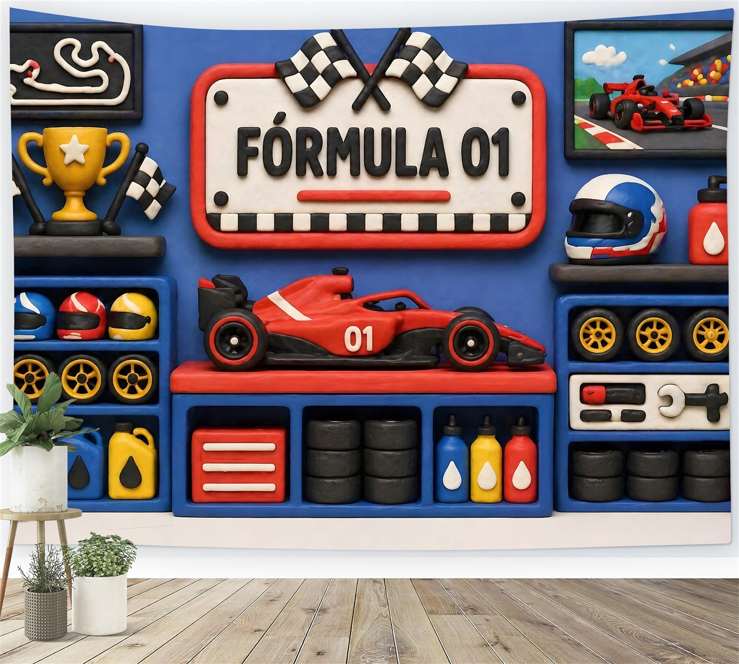 Children's Backdrop Blue Racing Trophy Garage Wall Newborn Photography Fabric Backdrops CEM65-27