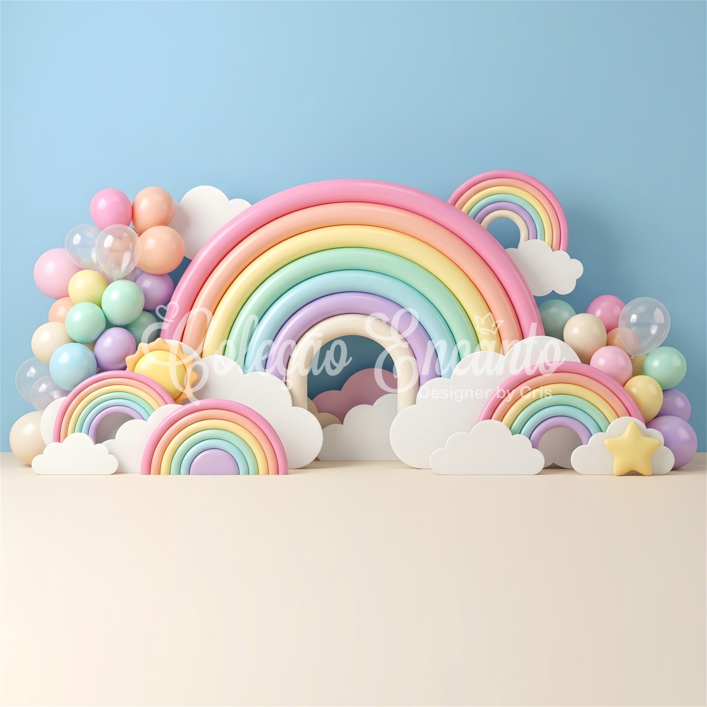 Childrens Photo Backdrops Pastel Rainbow Cloud Balloon Arch Newborn Photography Backdrop CEM65-34