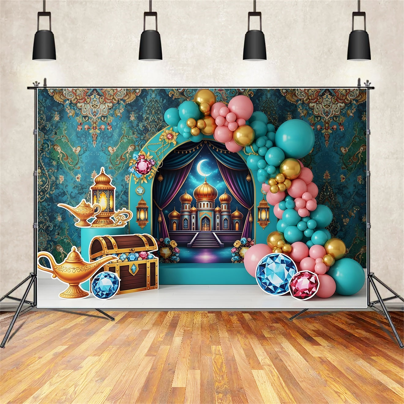 Kids Backdrop Photoshoot Arabian Palace Treasure Balloon Arch Newborn Baby Backdrops CEM65-38