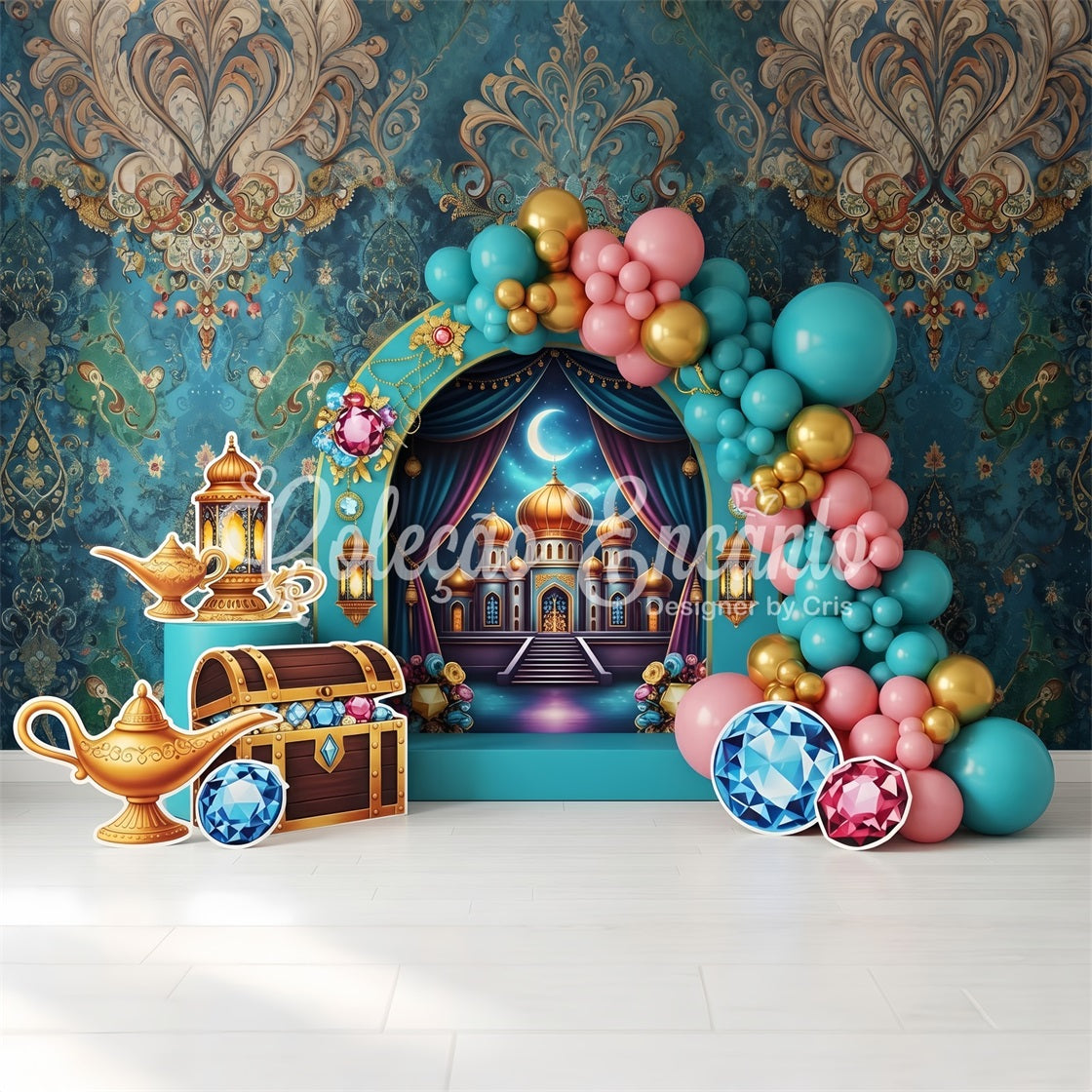 Kids Backdrop Photoshoot Arabian Palace Treasure Balloon Arch Newborn Baby Backdrops CEM65-38