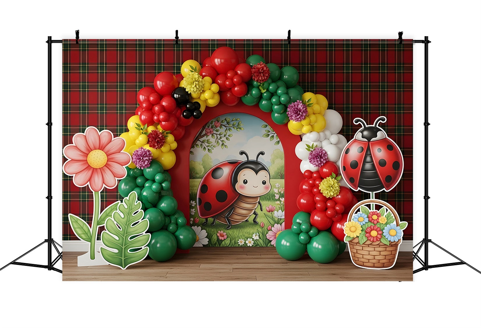 Photography Backdrops Kids Ladybug Plaid Flower Balloon Arch Newborn Fabric Backdrops CEM65-41