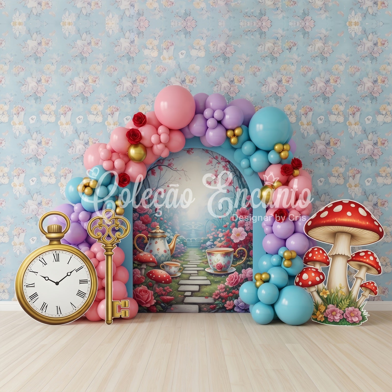 Kids Photo Backdrops Wonderland Tea Garden Balloon Arch Children Backdrops CEM65-42