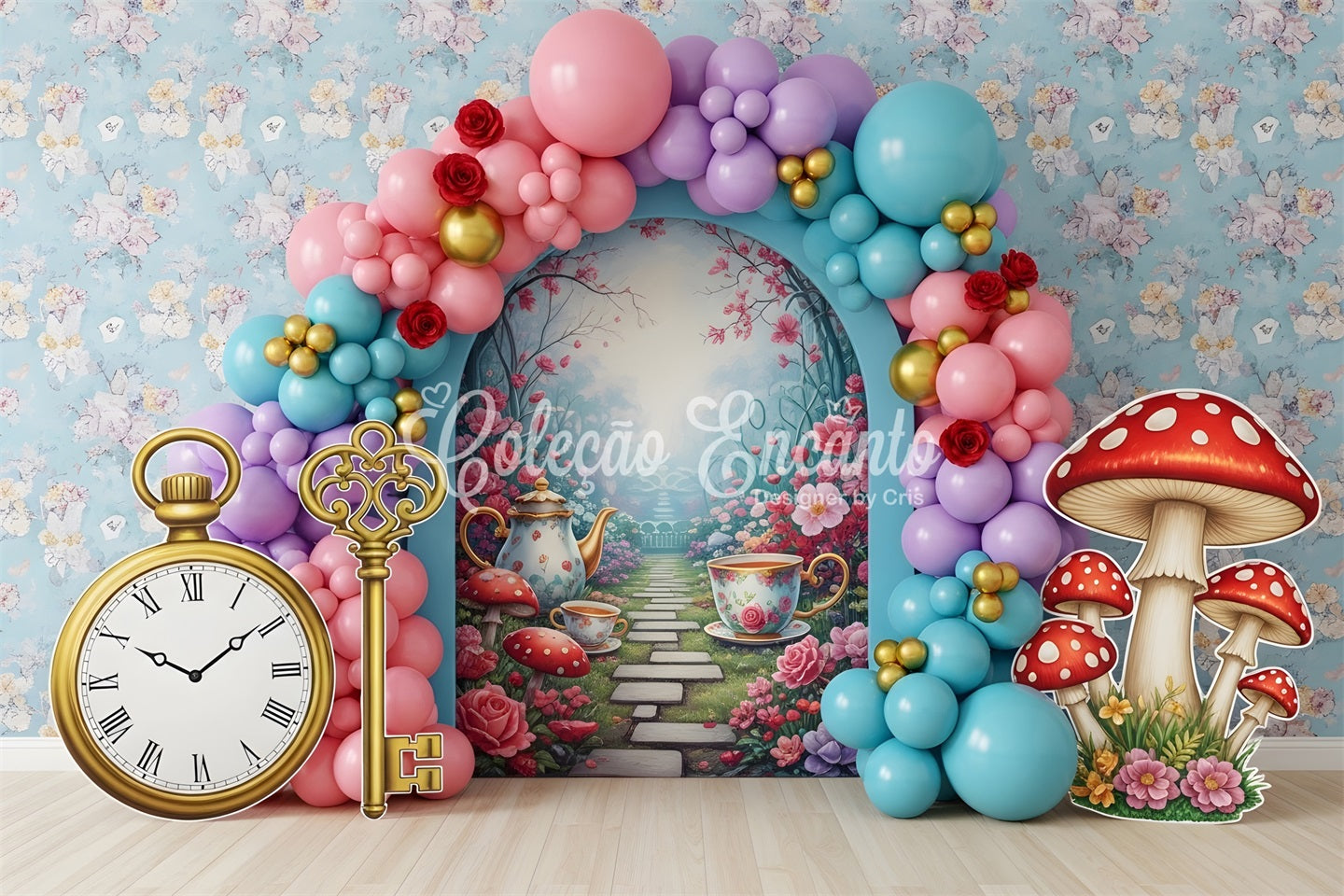 Kids Photo Backdrops Wonderland Tea Garden Balloon Arch Children Backdrops CEM65-42