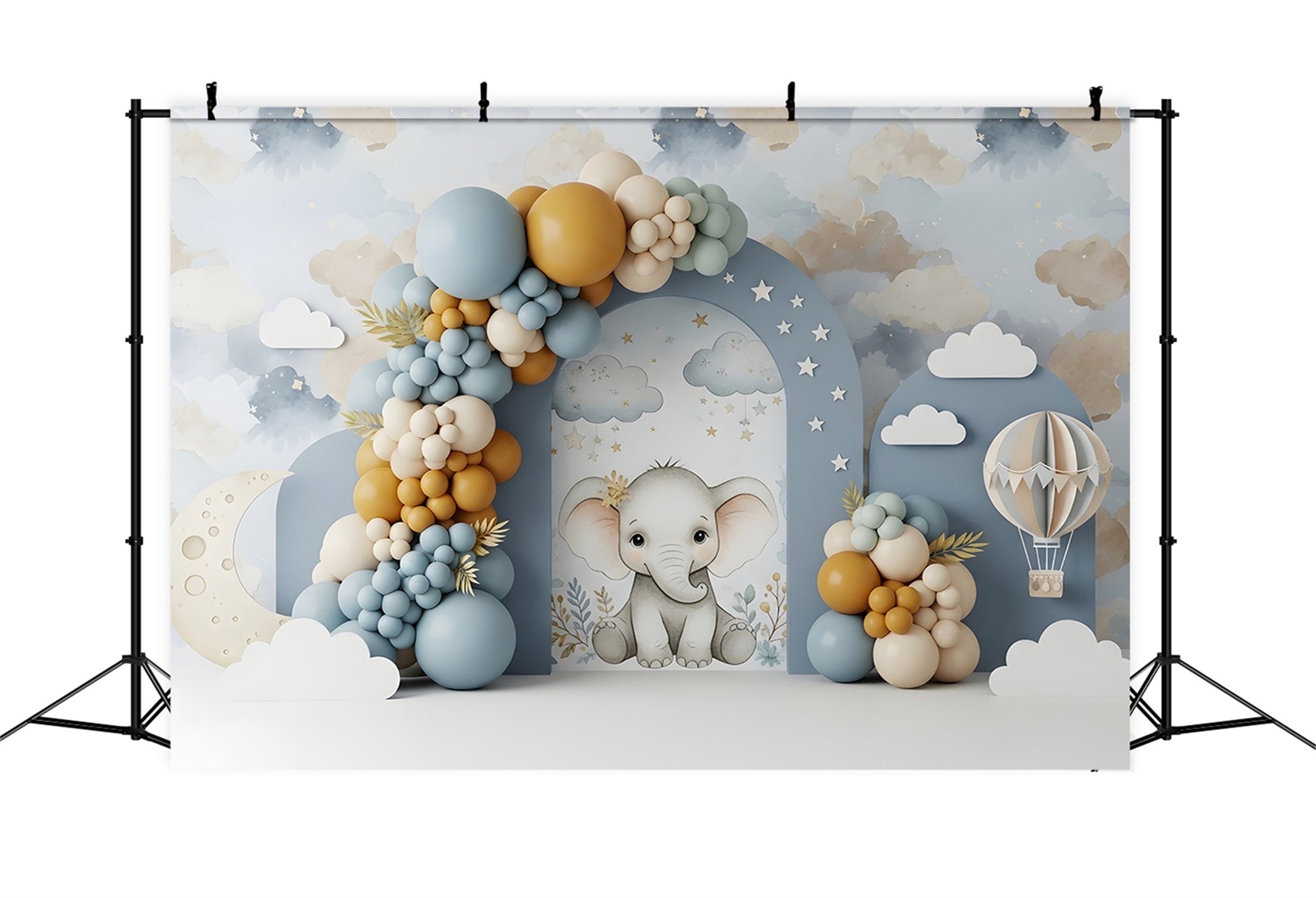 Newborn Photography Wood Backdrop Elephant Moon Cloud Balloon Arch Kid Backdrop CEM65-45