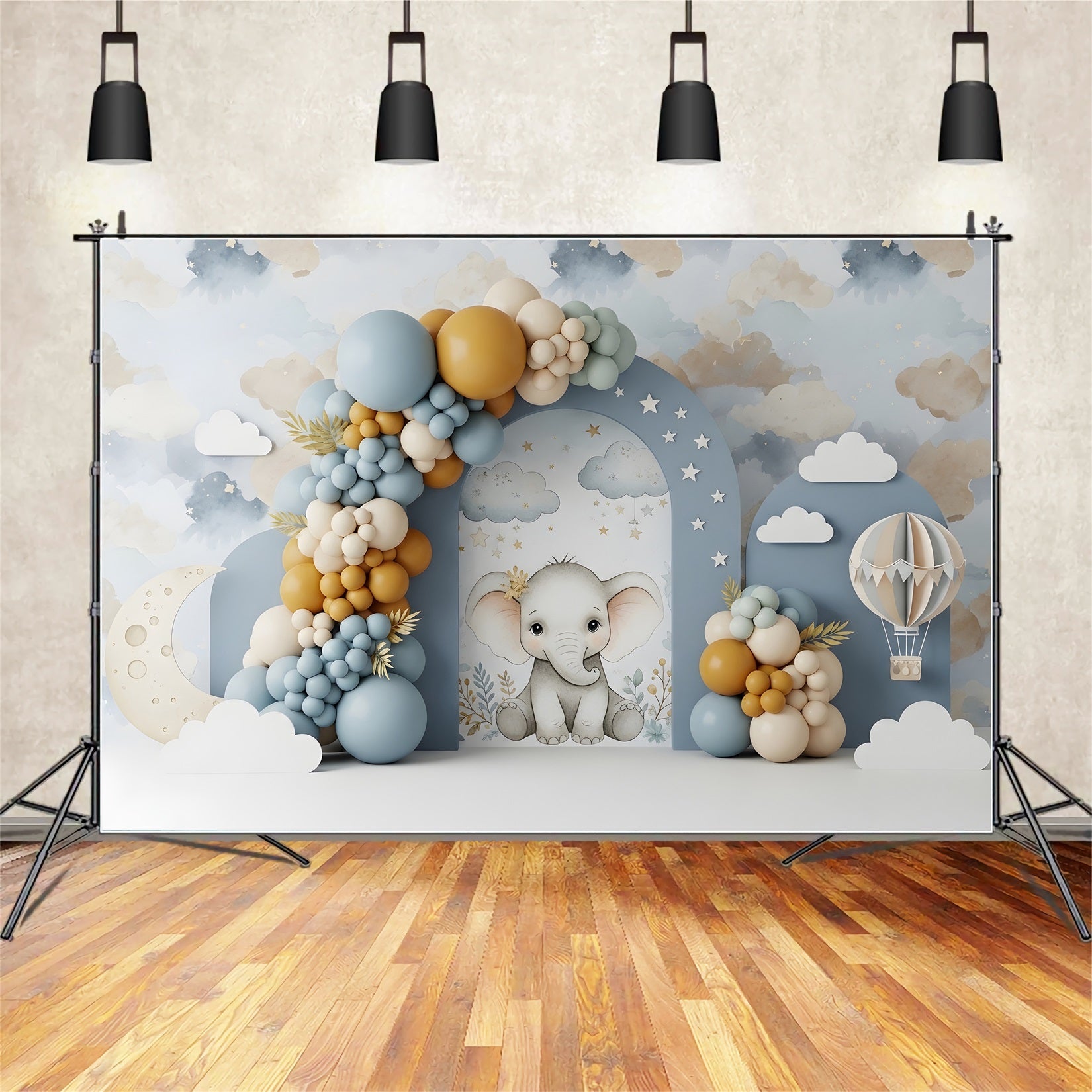 Newborn Photography Wood Backdrop Elephant Moon Cloud Balloon Arch Kid Backdrop CEM65-45