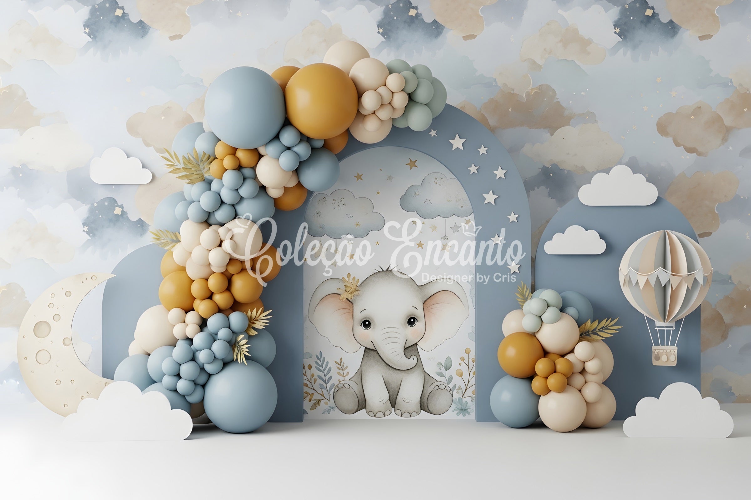 Newborn Photography Wood Backdrop Elephant Moon Cloud Balloon Arch Kid Backdrop CEM65-45