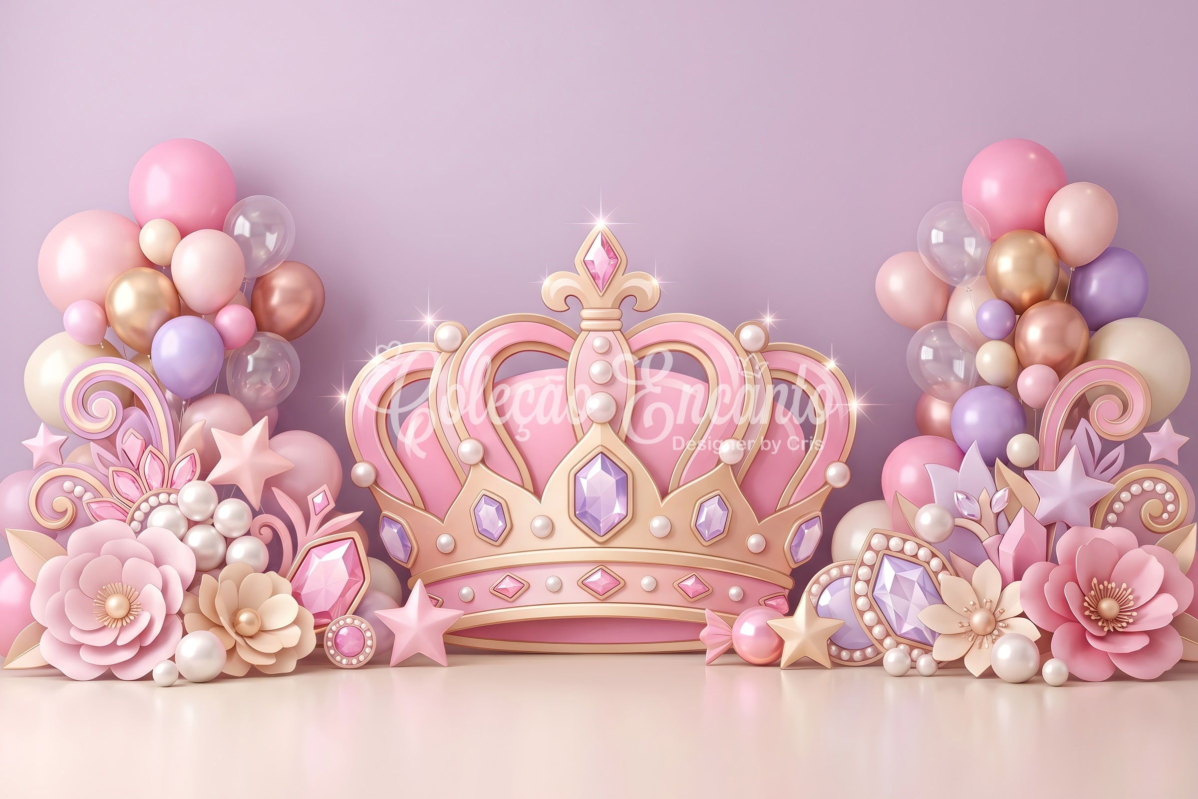 Kids Backdrops Pink Princess Crown Jewel Balloons Childrens Photo Backdrops CEM65-54