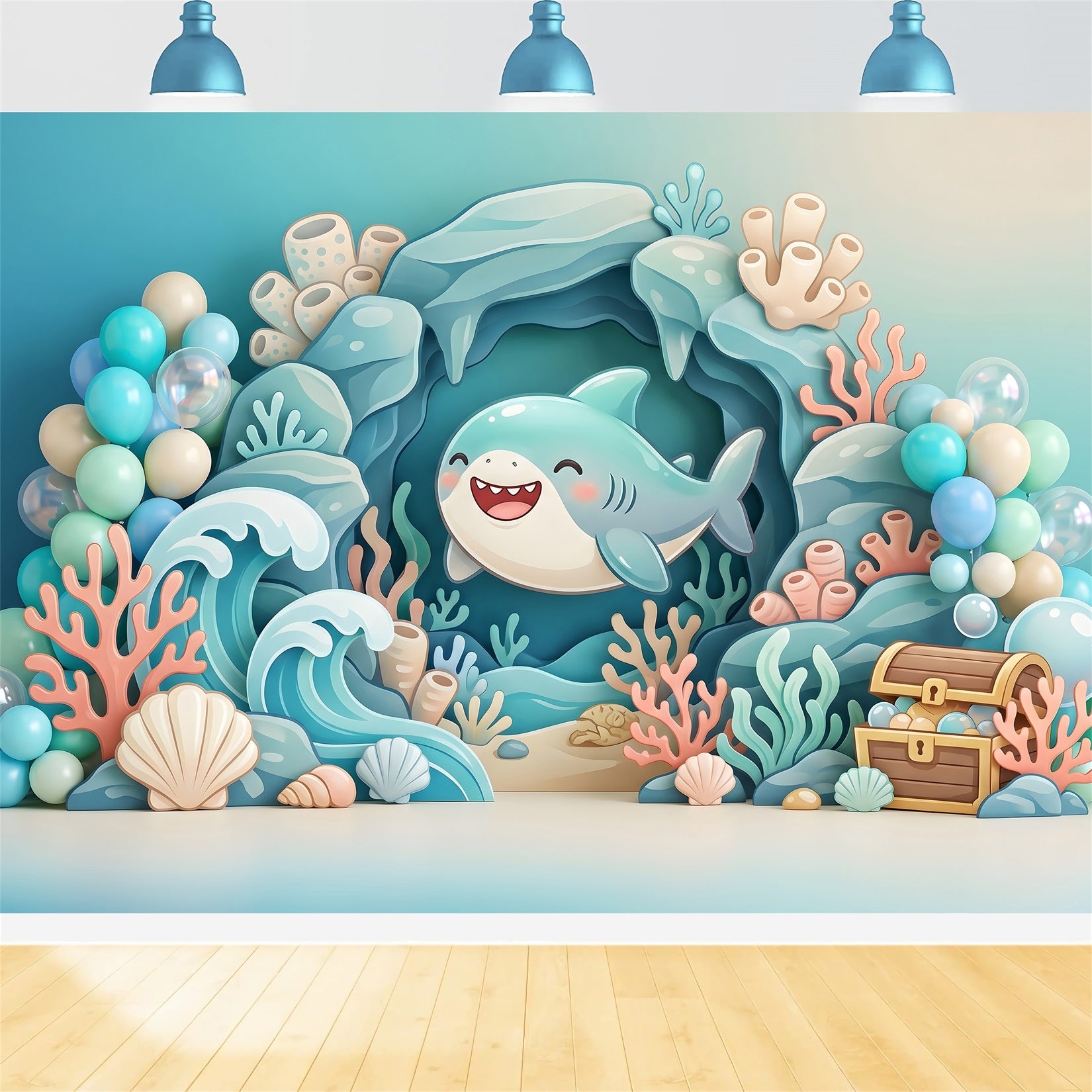 Newborn Photography Backdrops Cute Shark Ocean Coral Treasure Backdrop for Kids Birthday CEM65-56
