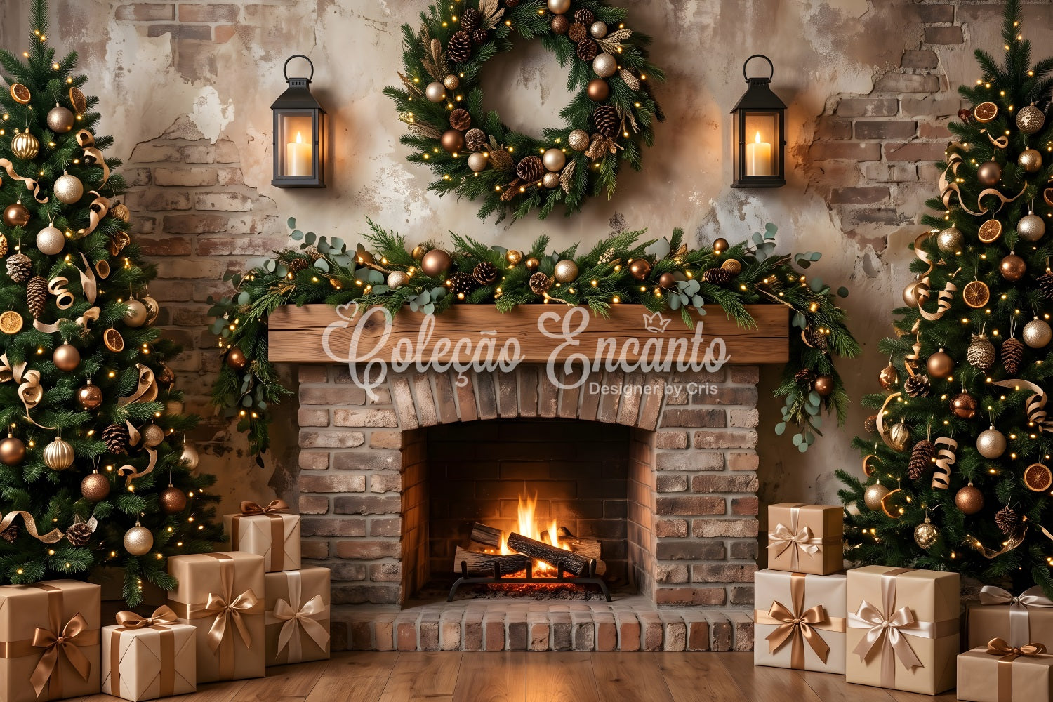 Christmas Fireplace Backdrop Rustic Wreath Lantern Trees Christmas Backdrops Photography CEM65-69