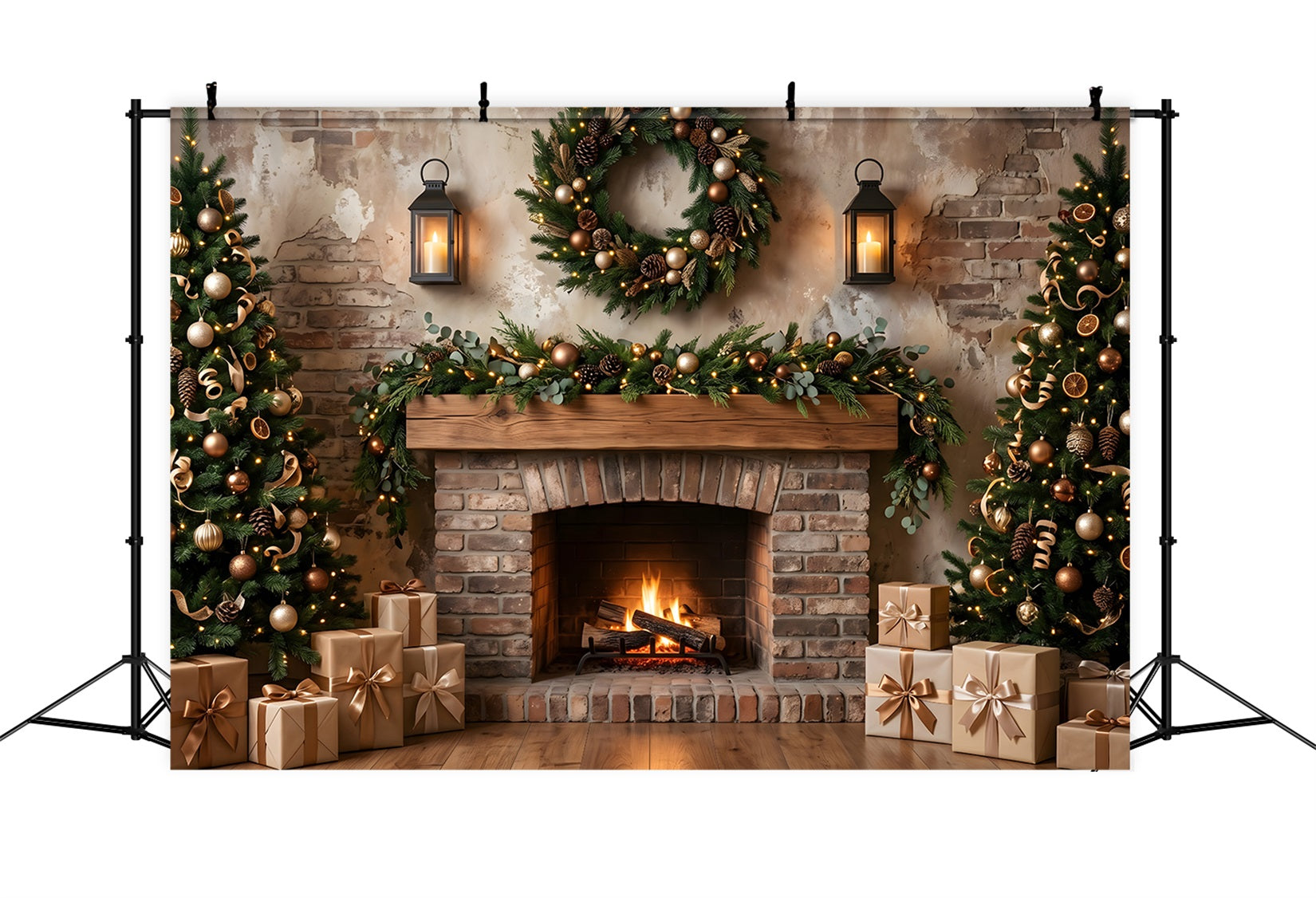 Christmas Fireplace Backdrop Rustic Wreath Lantern Trees Christmas Backdrops Photography CEM65-69
