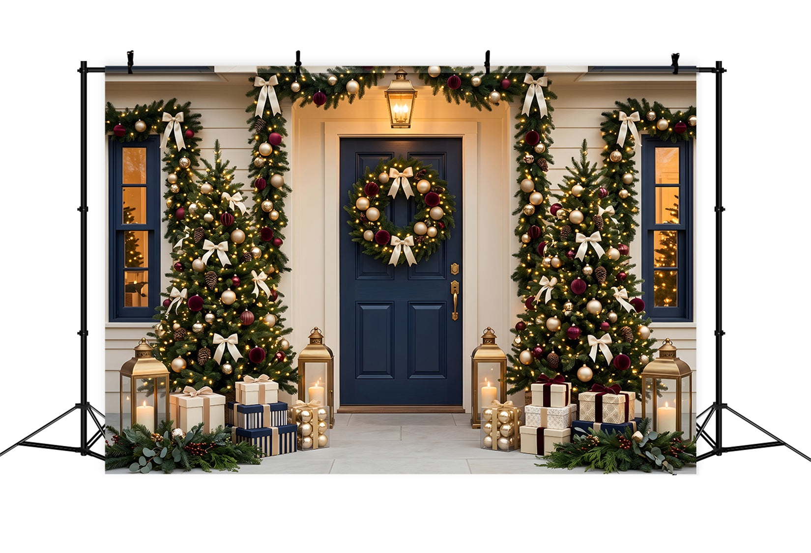 Christmas Backdrops Navy Door Garland Tree Porch Christmas Backdrop For Photography CEM65-70