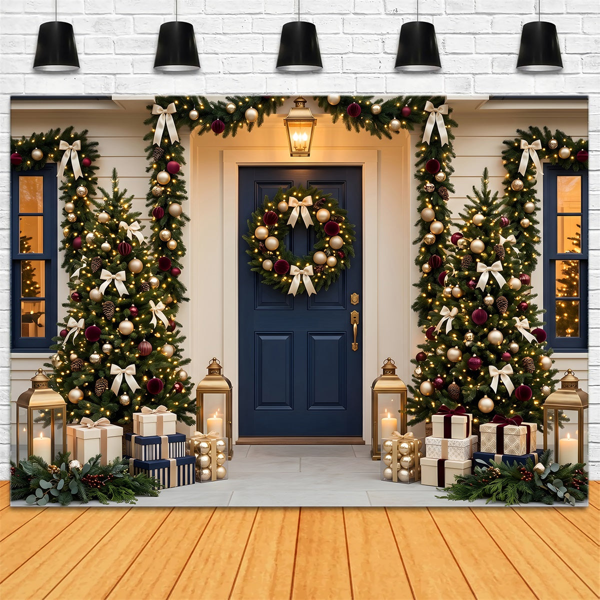 Christmas Backdrops Navy Door Garland Tree Porch Christmas Backdrop For Photography CEM65-70