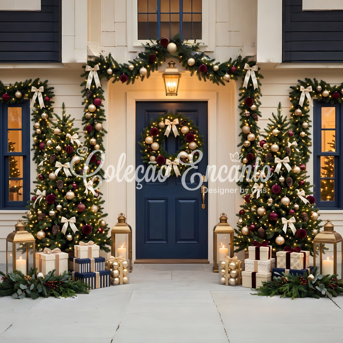 Christmas Backdrops Navy Door Garland Tree Porch Christmas Backdrop For Photography CEM65-70