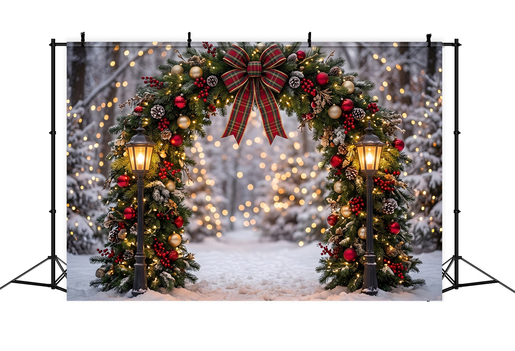 Christmas Photo Backdrop Snowy Forest Plaid Wreath Arch Photography Christmas Backdrops CEM65-71