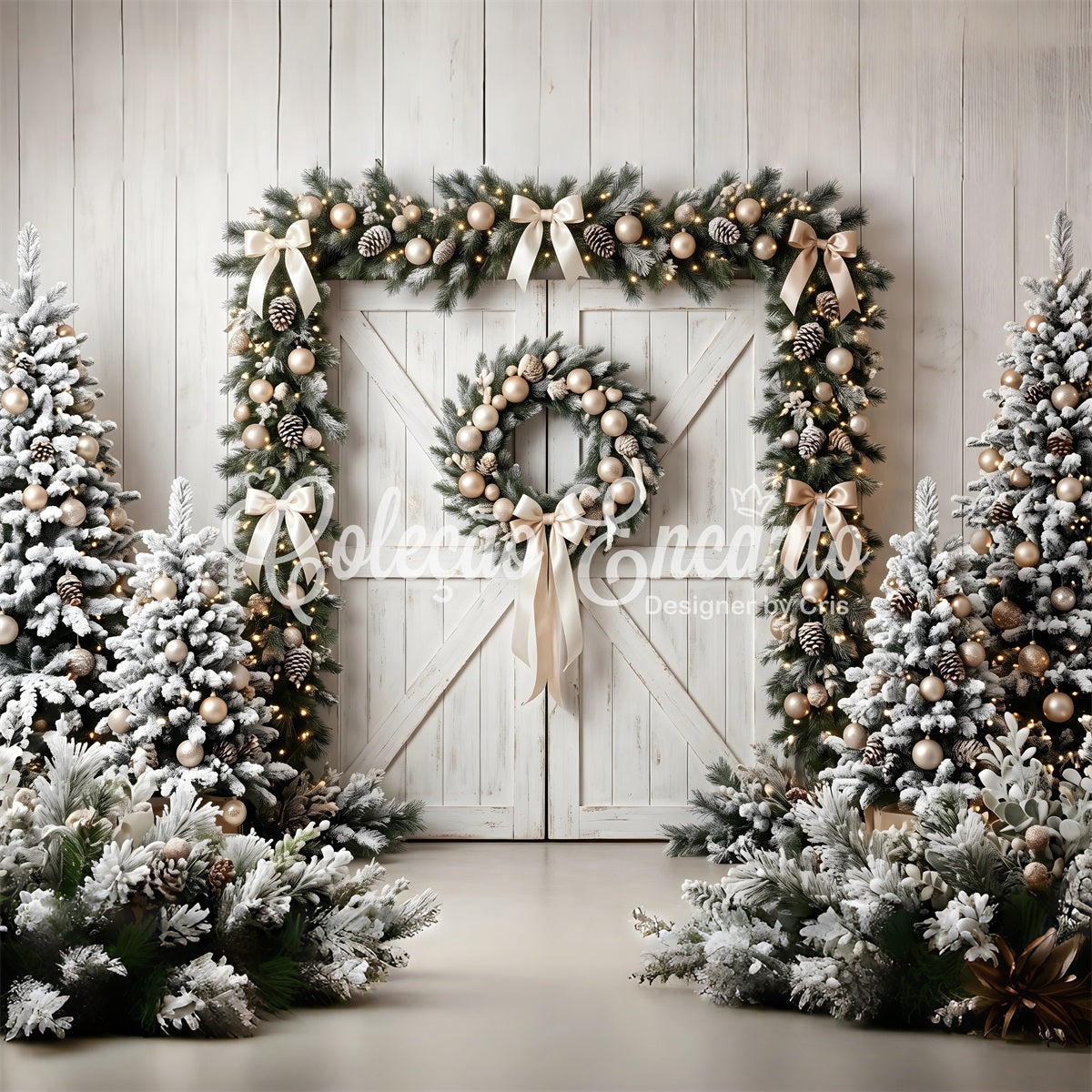 Christmas Backdrop Frosted Barn Door Evergreen Wreath Christmas Photoshoot Backdrop CEM65-72