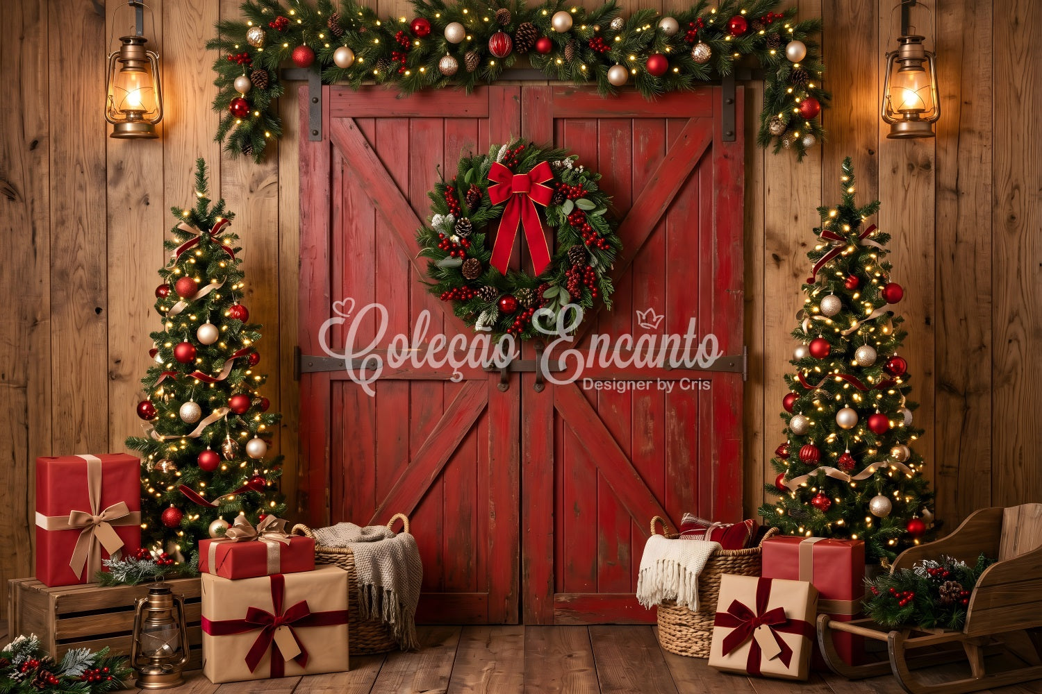 Christmas Tree Backdrop Rustic Red Barn Wreath Trees Christmas Backdrop For Pictures CEM65-73