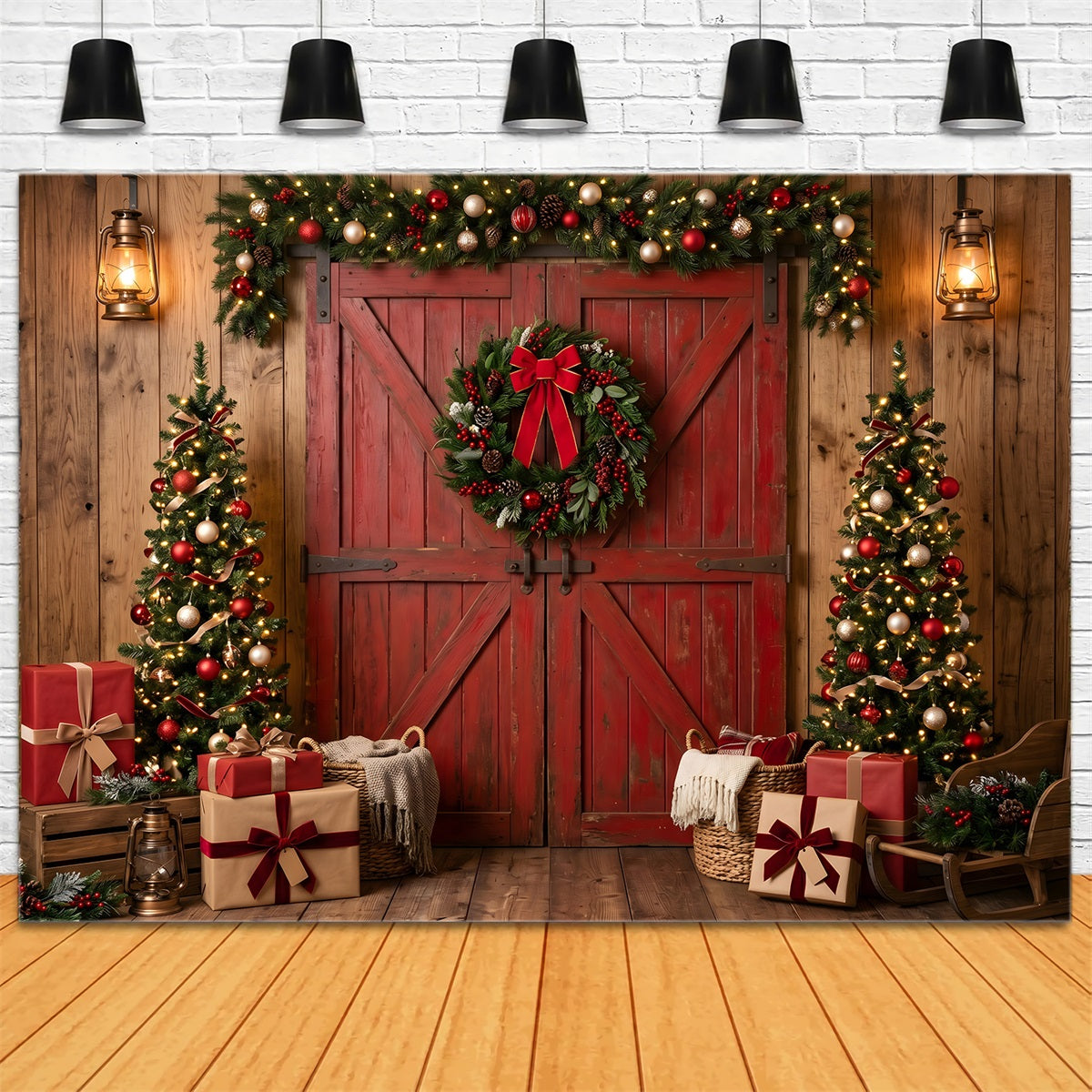 Christmas Tree Backdrop Rustic Red Barn Wreath Trees Christmas Backdrop For Pictures CEM65-73