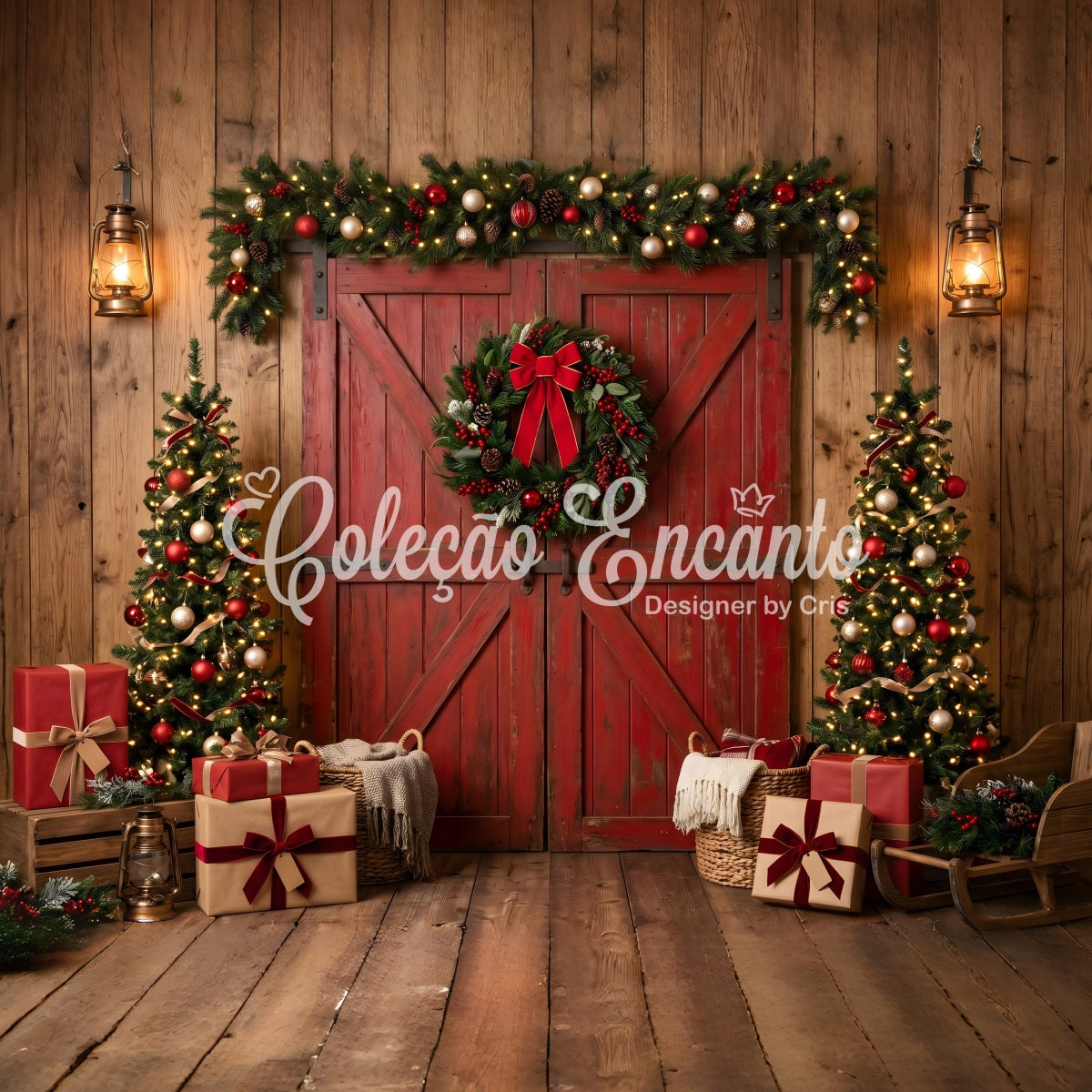 Christmas Tree Backdrop Rustic Red Barn Wreath Trees Christmas Backdrop For Pictures CEM65-73