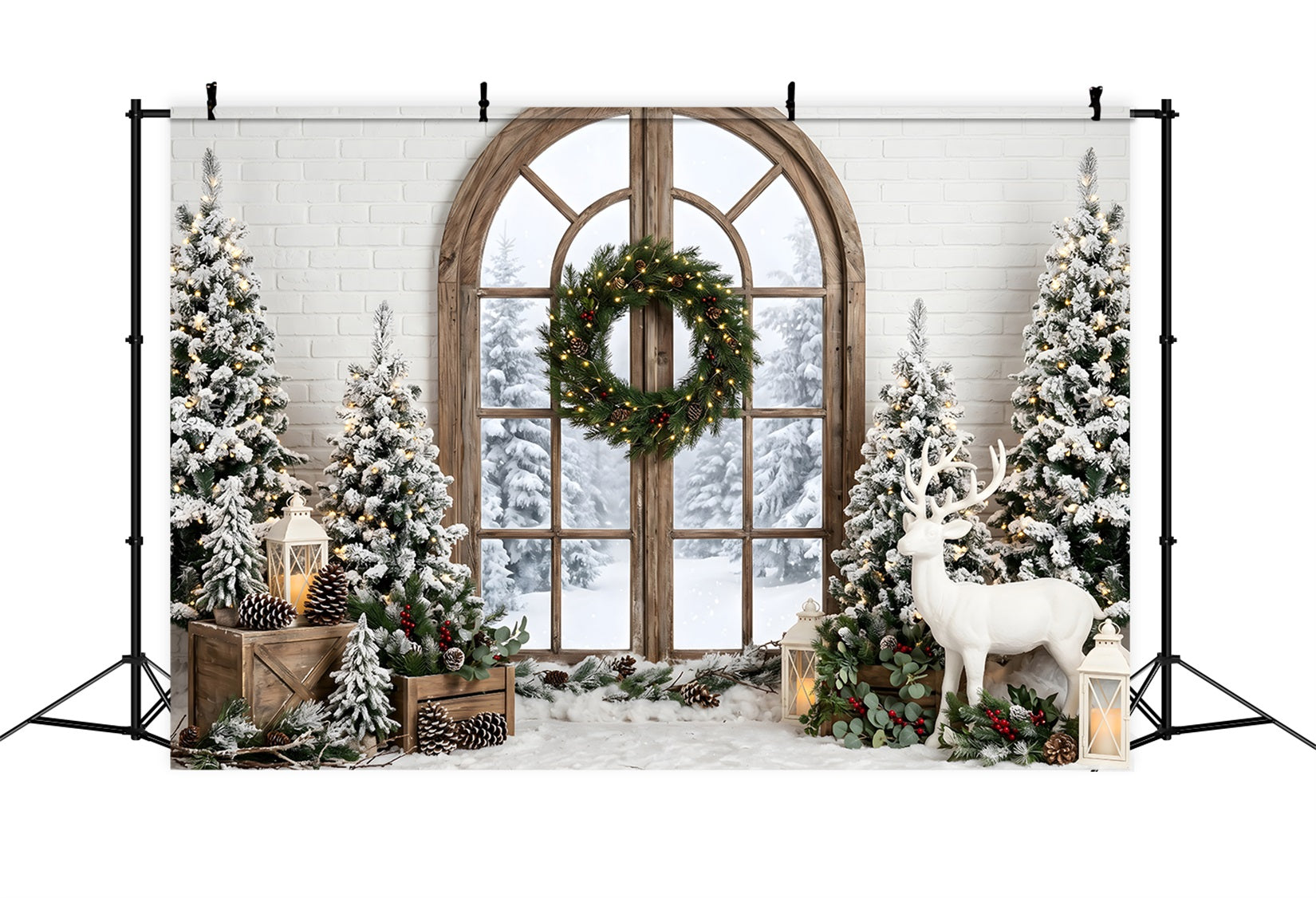 Christmas Backdrop Ideas Frosted Window Wreath Deer Trees Photo Booth Christmas Backdrop CEM65-74