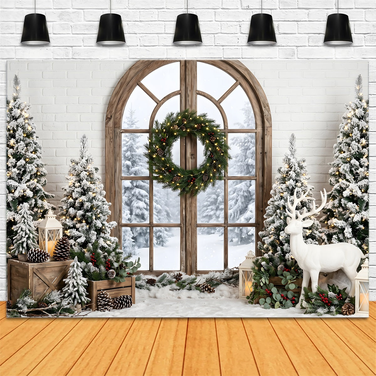 Christmas Backdrop Ideas Frosted Window Wreath Deer Trees Photo Booth Christmas Backdrop CEM65-74