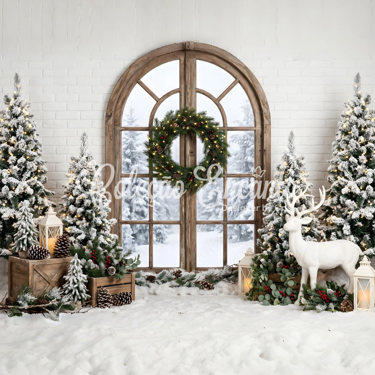 Christmas Backdrop Ideas Frosted Window Wreath Deer Trees Photo Booth Christmas Backdrop CEM65-74