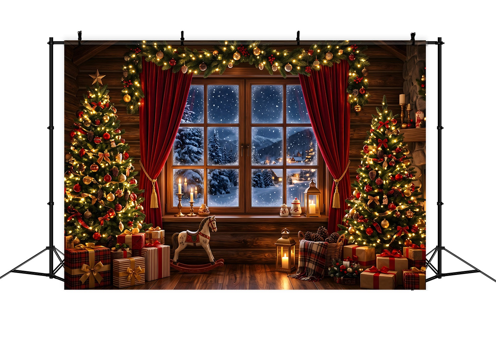 Christmas Photo Backdrops Cozy Cabin Snow Window Trees Christmas Backdrops For Pictures CEM65-75