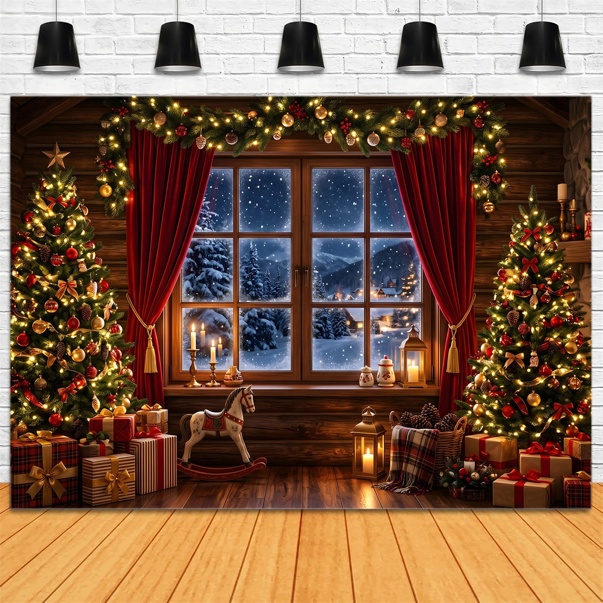 Christmas Photo Backdrops Cozy Cabin Snow Window Trees Christmas Backdrops For Pictures CEM65-75