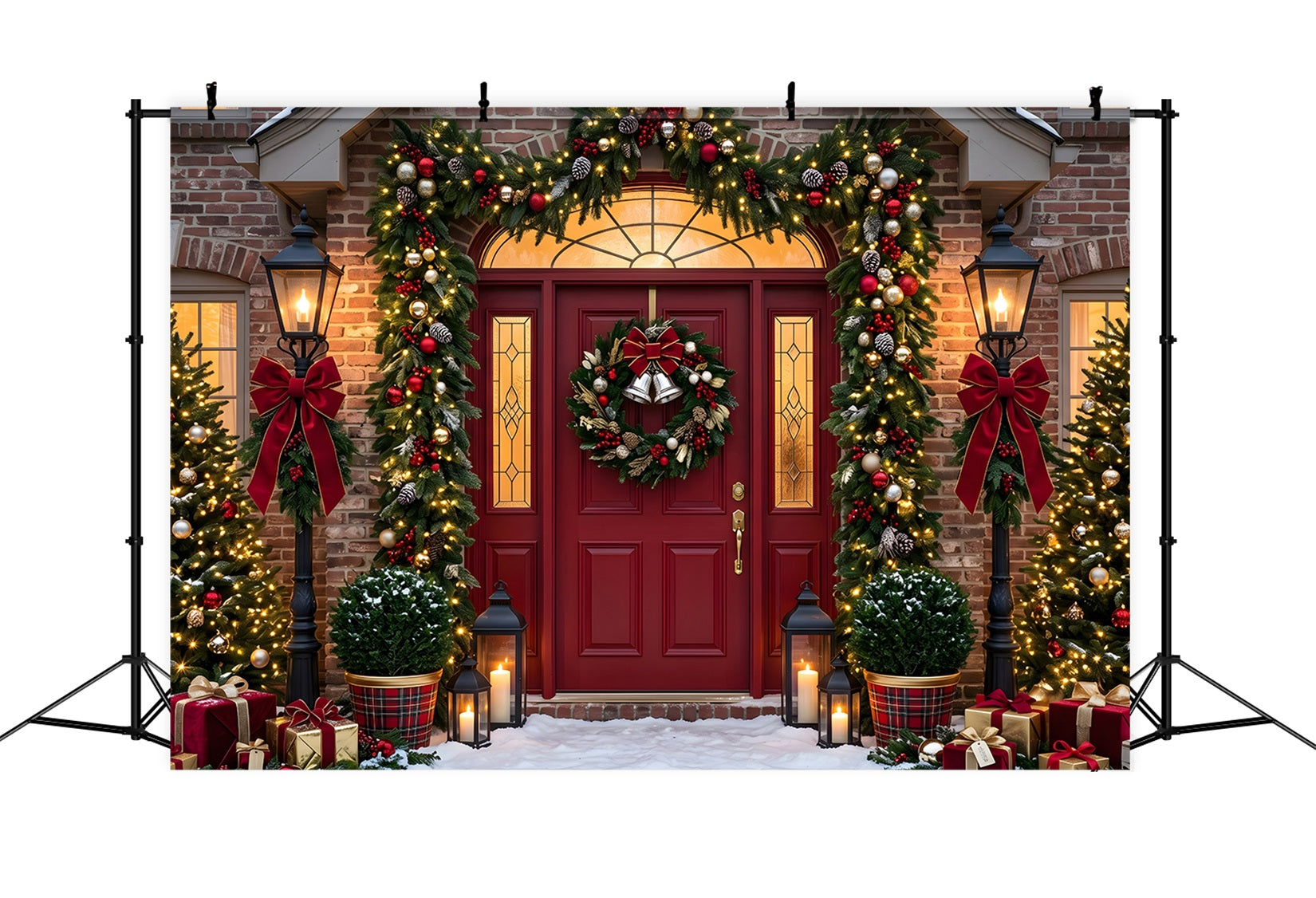 Merry Christmas Backdrop Burgundy Door Garland Lantern Porch Christmas Backdrop CEM65-76