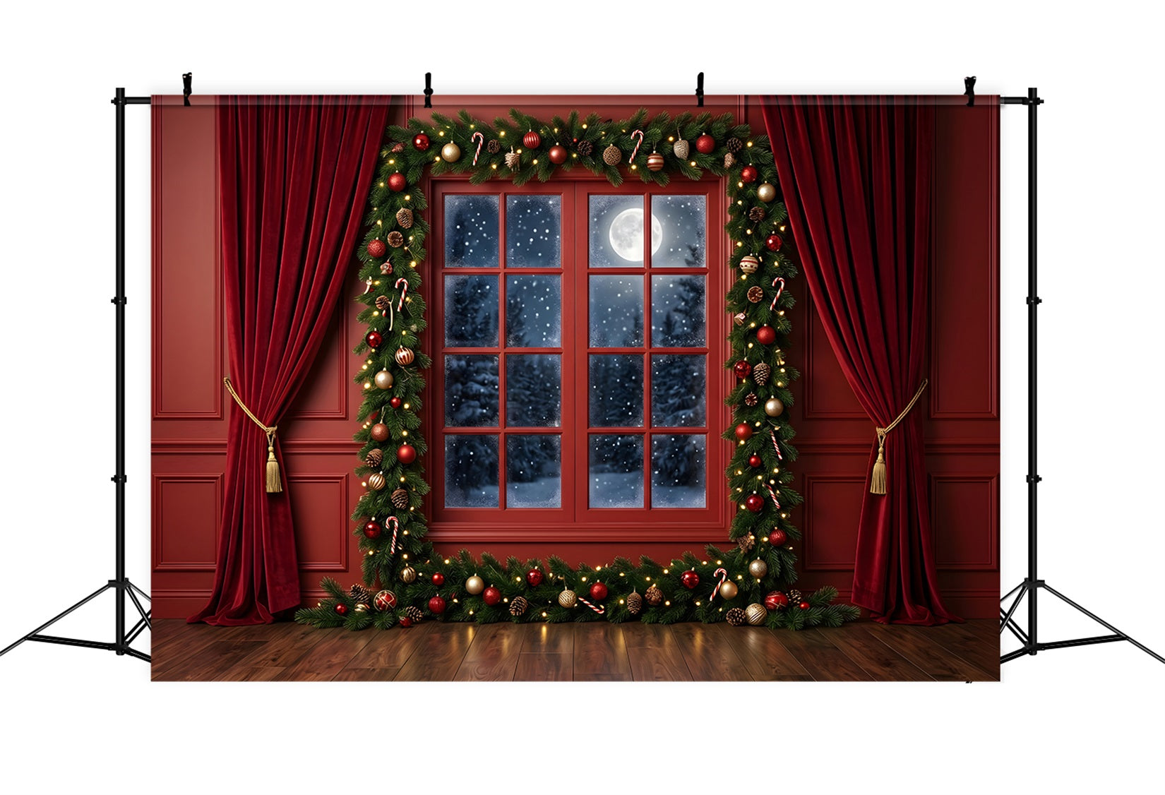 Christmas Backdrops Sale Crimson Moonlit Window Garland Photography Christmas Backdrop CEM65-77