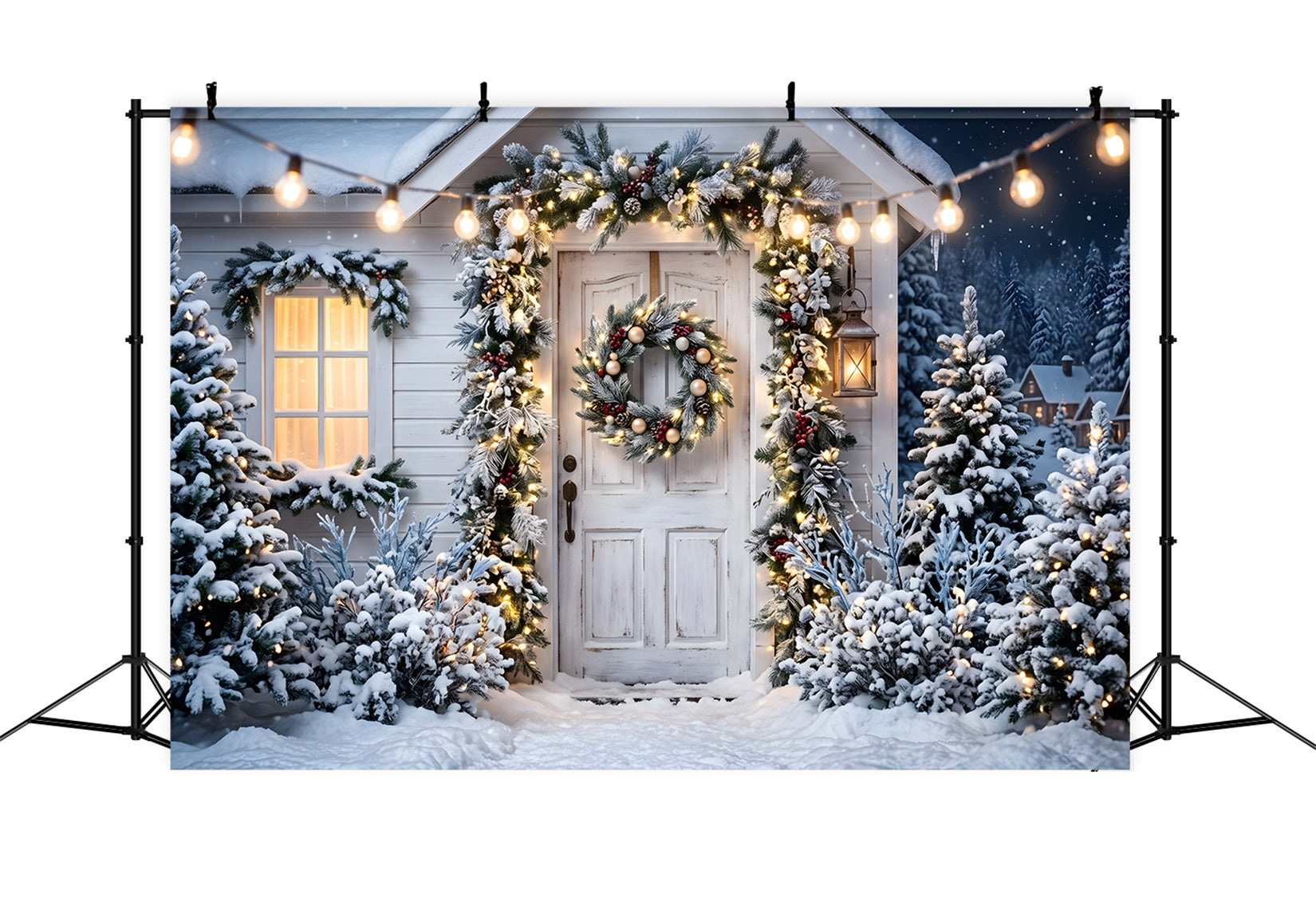 Christmas Backdrops For Photos Snowy White Porch Wreath Christmas Photobooth Backdrop CEM65-78