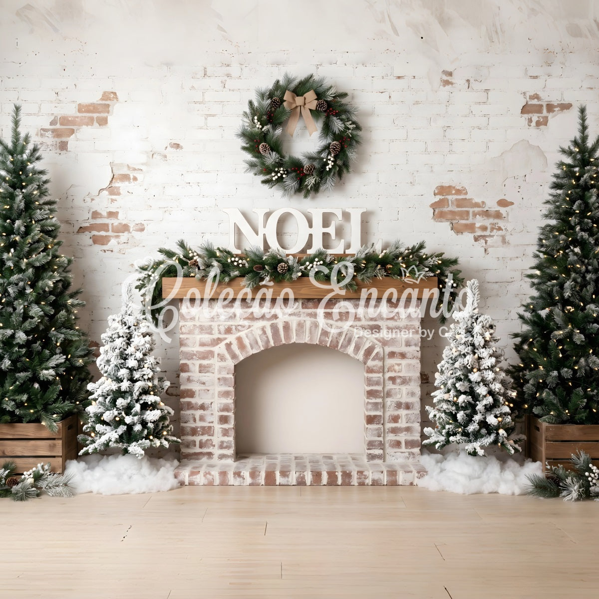 Christmas Backdrops 10x10 Frosted Brick Fireplace Noel Wreath Christmas Studio Backdrop CEM65-81