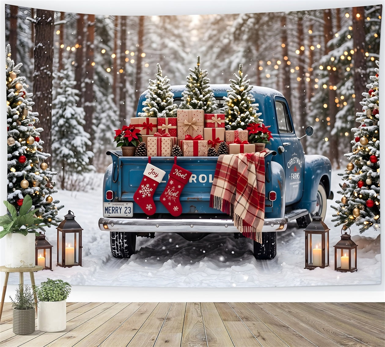 Professional Christmas Backdrops Vintage Blue Truck Snowy Forest Backdrop Christmas CEM65-84