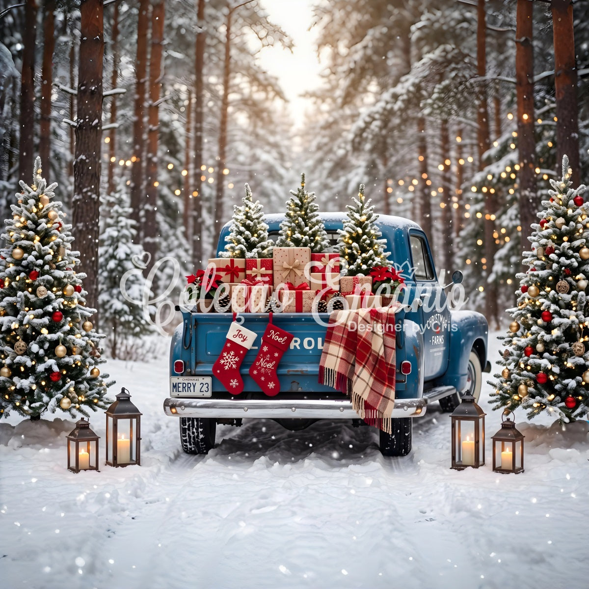 Professional Christmas Backdrops Vintage Blue Truck Snowy Forest Backdrop Christmas CEM65-84