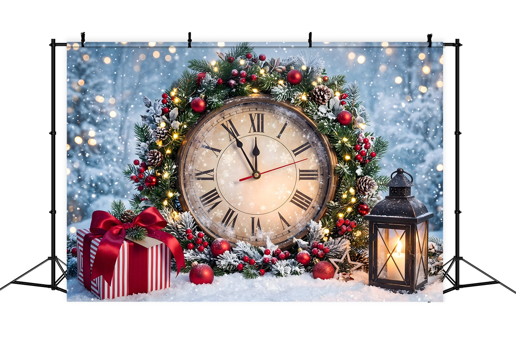 Christmas Backdrop Snowy Midnight Clock Wreath Lantern Christmas Backdrop CEM65-86