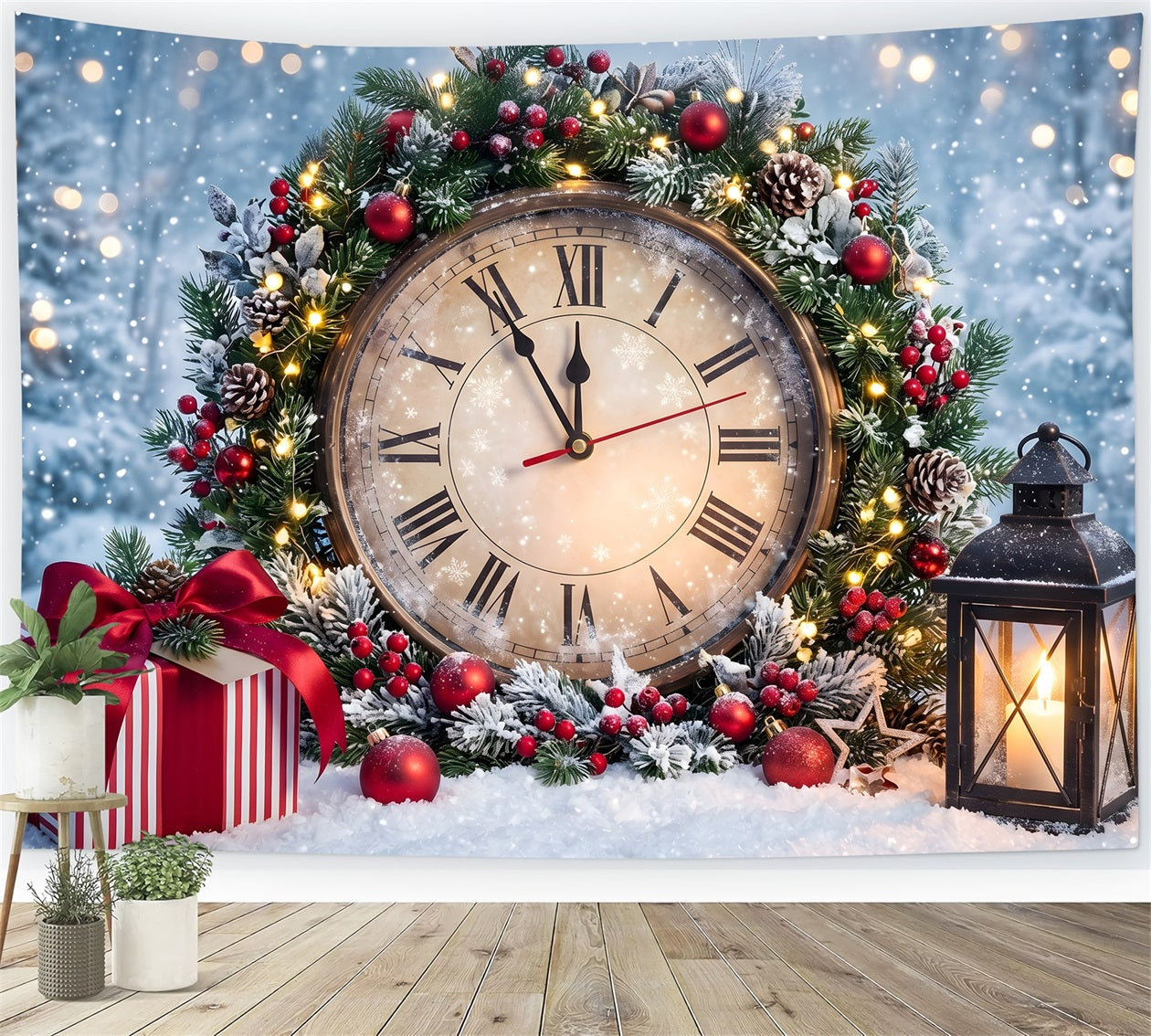 Christmas Backdrop Snowy Midnight Clock Wreath Lantern Christmas Backdrop CEM65-86
