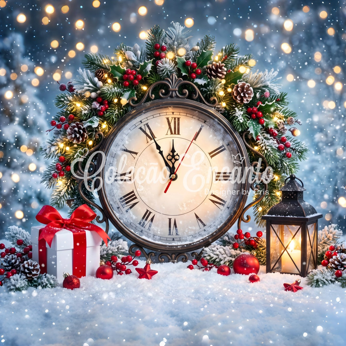 Christmas Backdrop Snowy Midnight Clock Wreath Lantern Christmas Backdrop CEM65-86