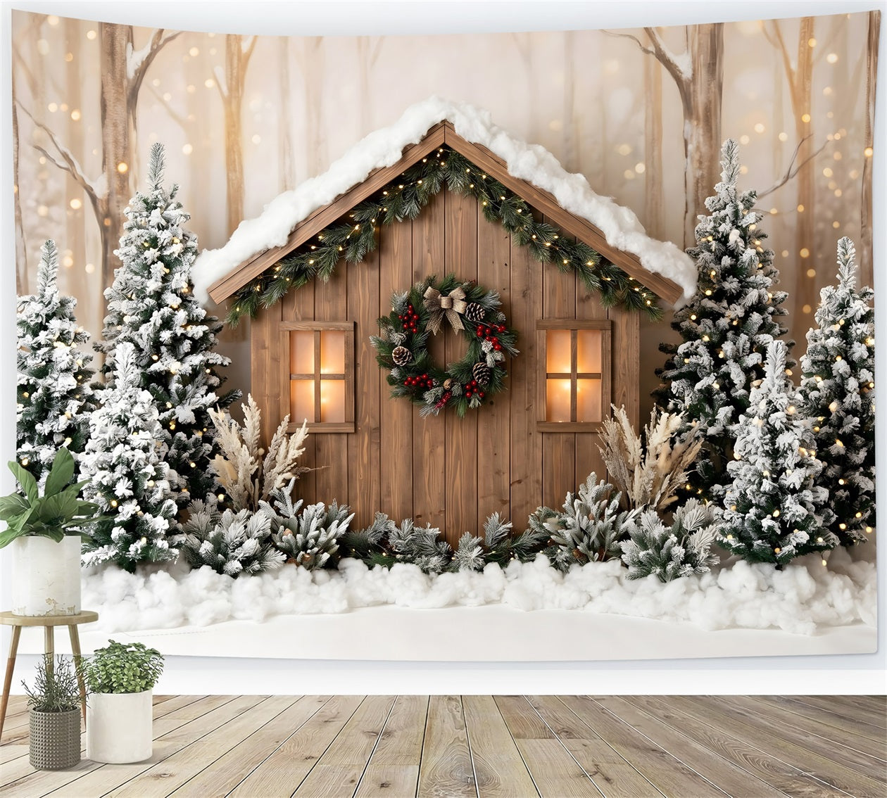 Outdoor Christmas Backdrop Snowy Woodland Cabin Pine Lights Christmas Backdrops CEM65-87