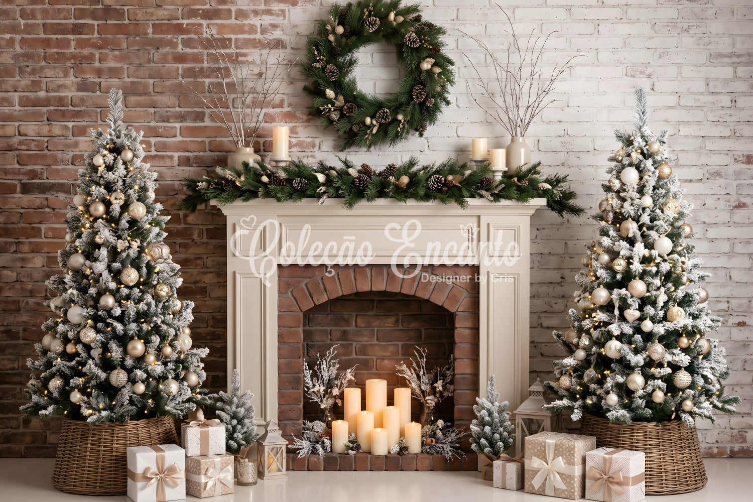 Christmas Backdrop Photography Frosted Fireplace Candle Trees Christmas Photo Backdrop CEM65-88