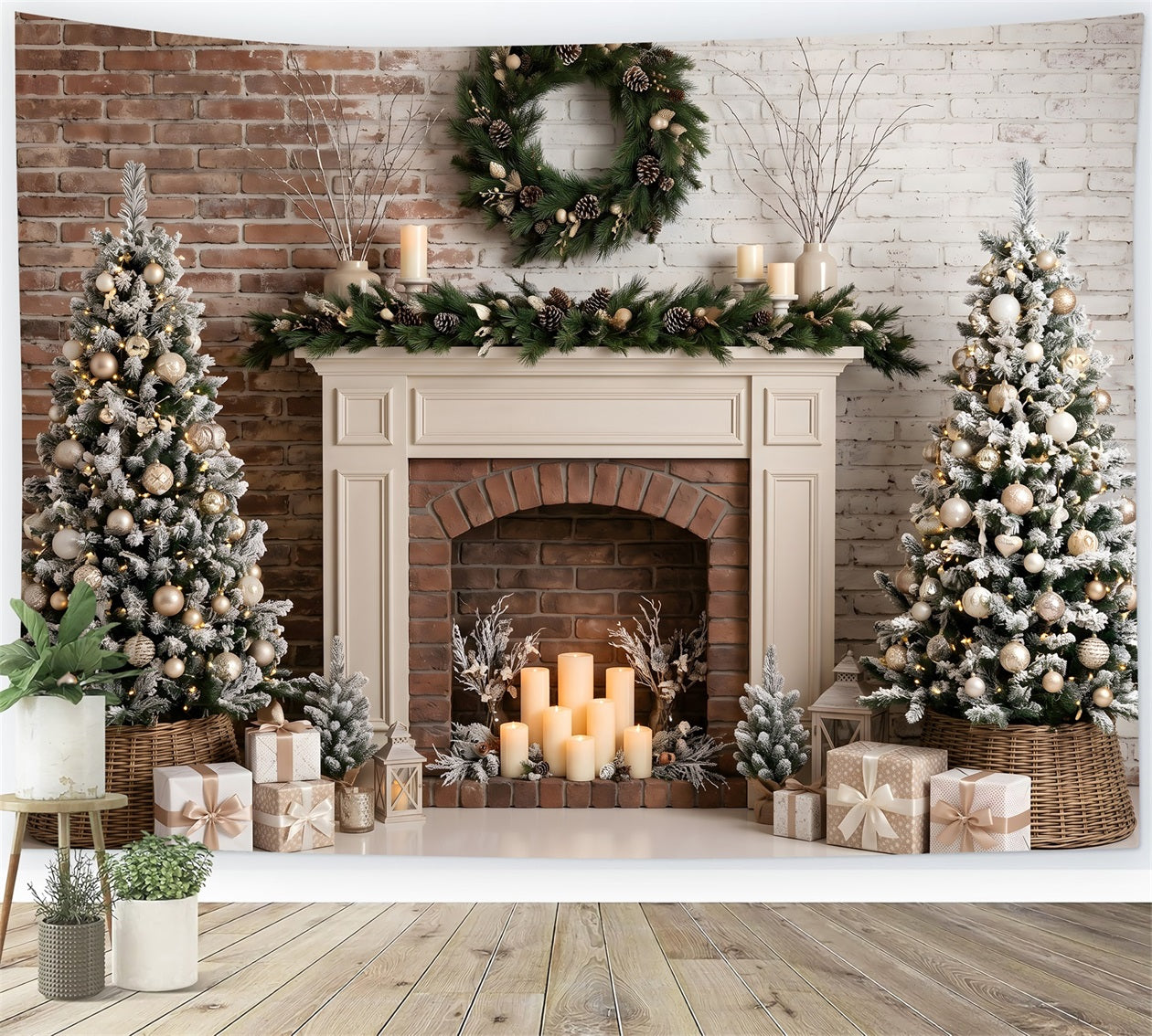 Christmas Backdrop Photography Frosted Fireplace Candle Trees Christmas Photo Backdrop CEM65-88