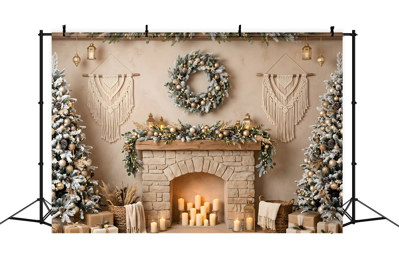 Christmas Picture Backdrop Boho Macrame Fireplace Candle Trees Christmas Backdrop CEM65-89