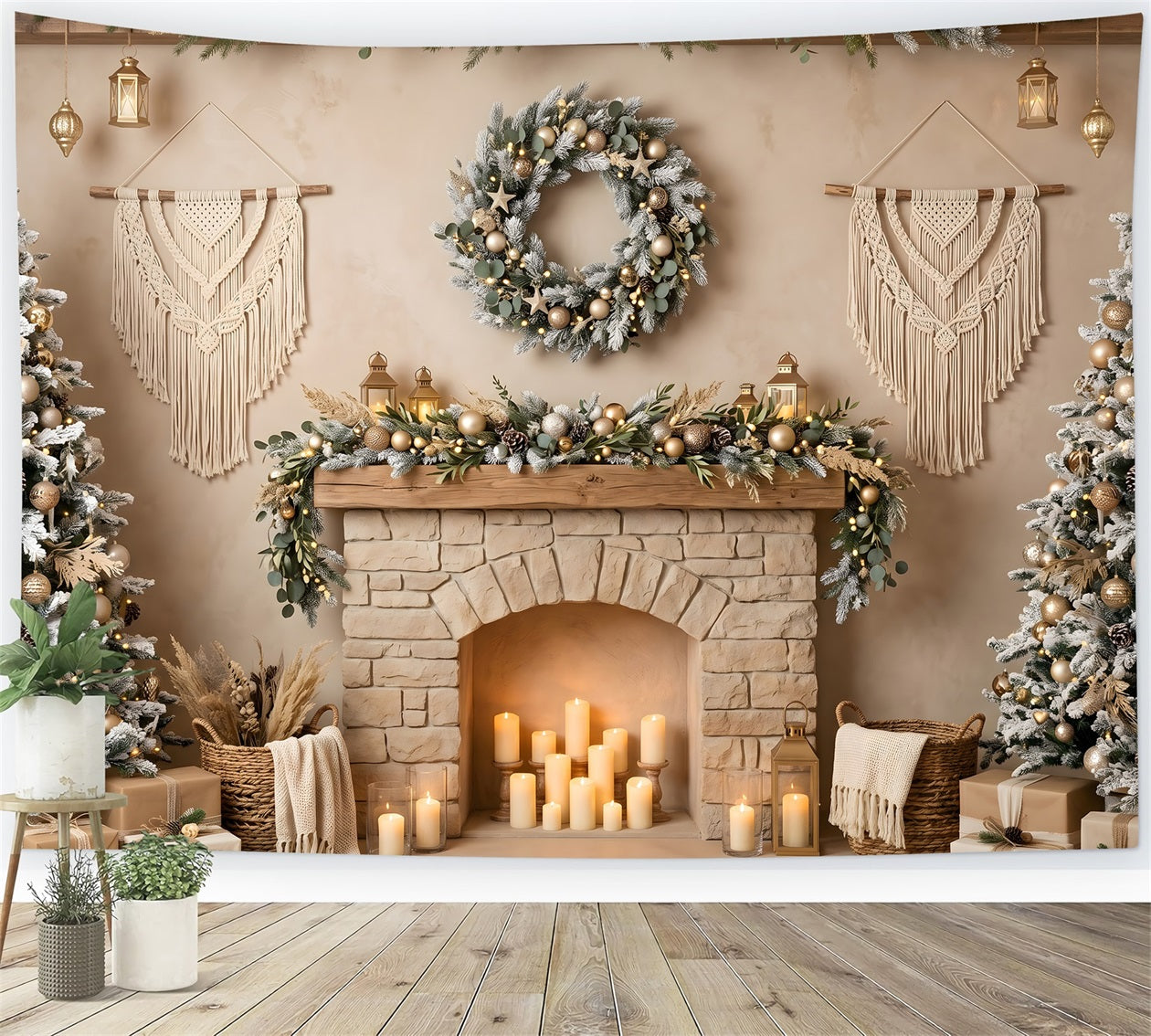 Christmas Picture Backdrop Boho Macrame Fireplace Candle Trees Christmas Backdrop CEM65-89