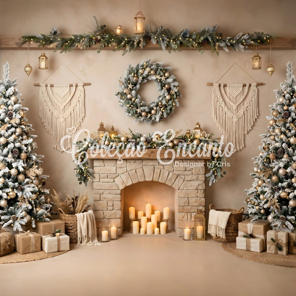 Christmas Picture Backdrop Boho Macrame Fireplace Candle Trees Christmas Backdrop CEM65-89